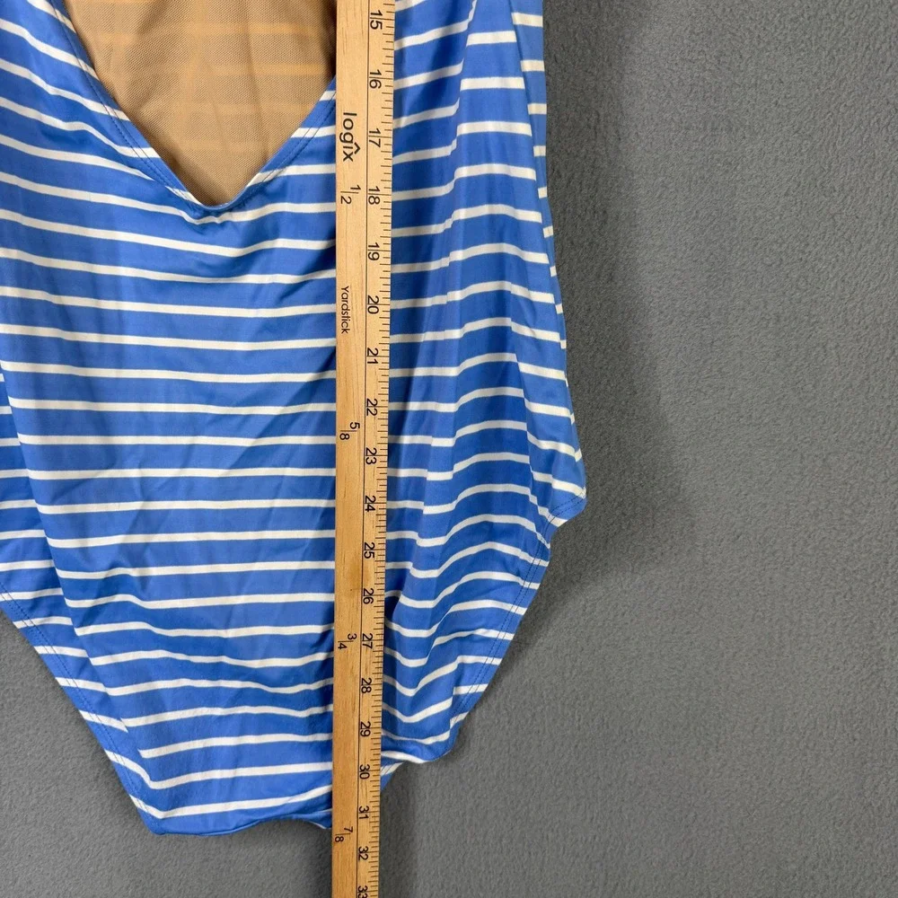 LL Bean Blue White Striped Twist Front Halter One Piece Swimsuit 16 279954